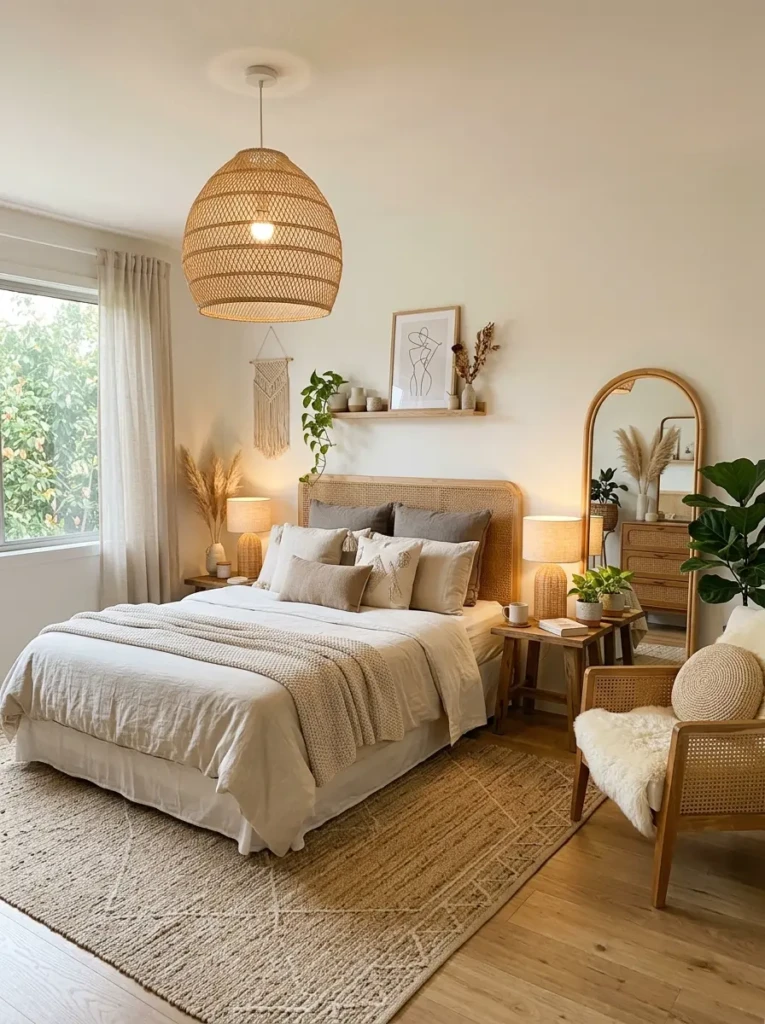 modern boho bedroom featuring rattan pendant light, wicker lamps, and warm soft lighting