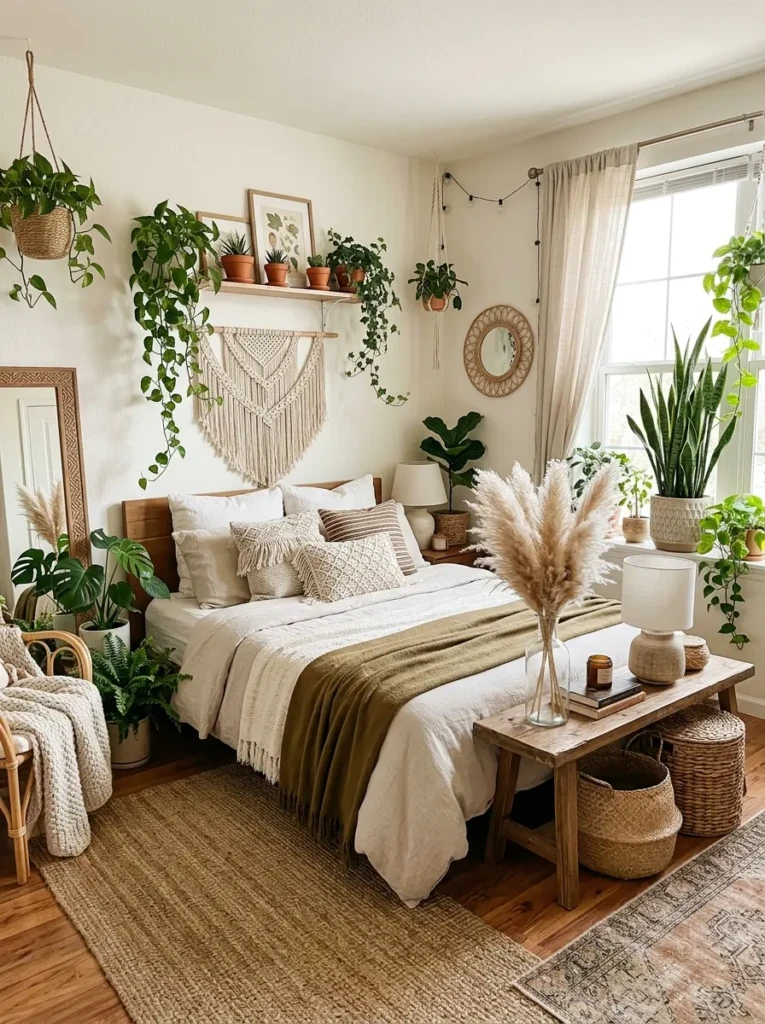 boho bedroom with snake plants, pampas grass, woven baskets, and airy natural sunlight