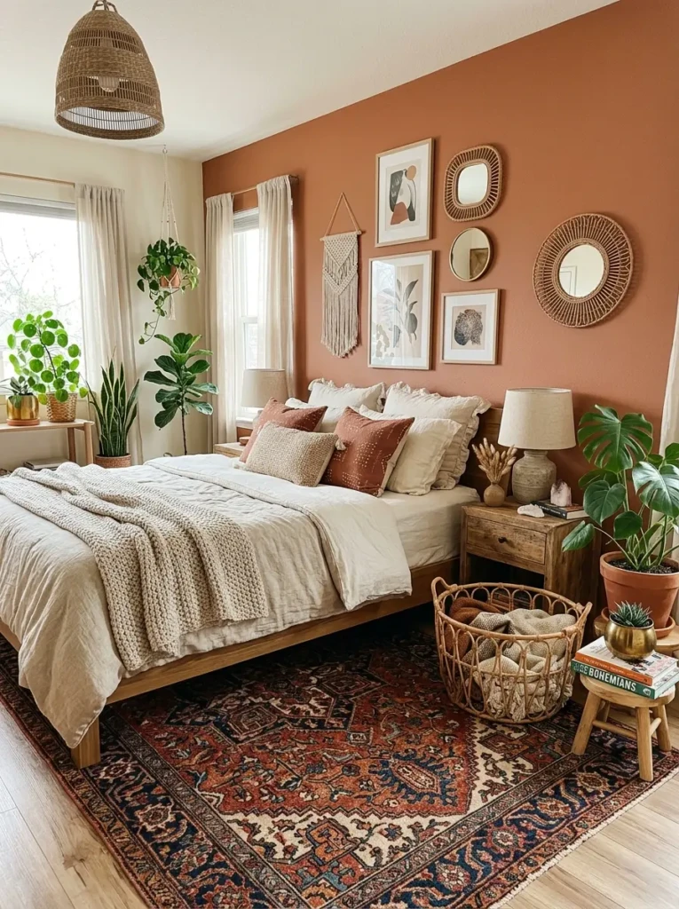 boho bedroom with Persian rug, modern platform bed, terracotta accents, and layered cozy decor