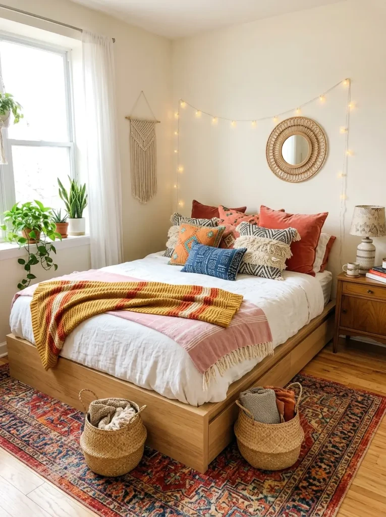 colorful boho bedroom with patterned cushions, striped throws, layered blankets, and playful warm colors