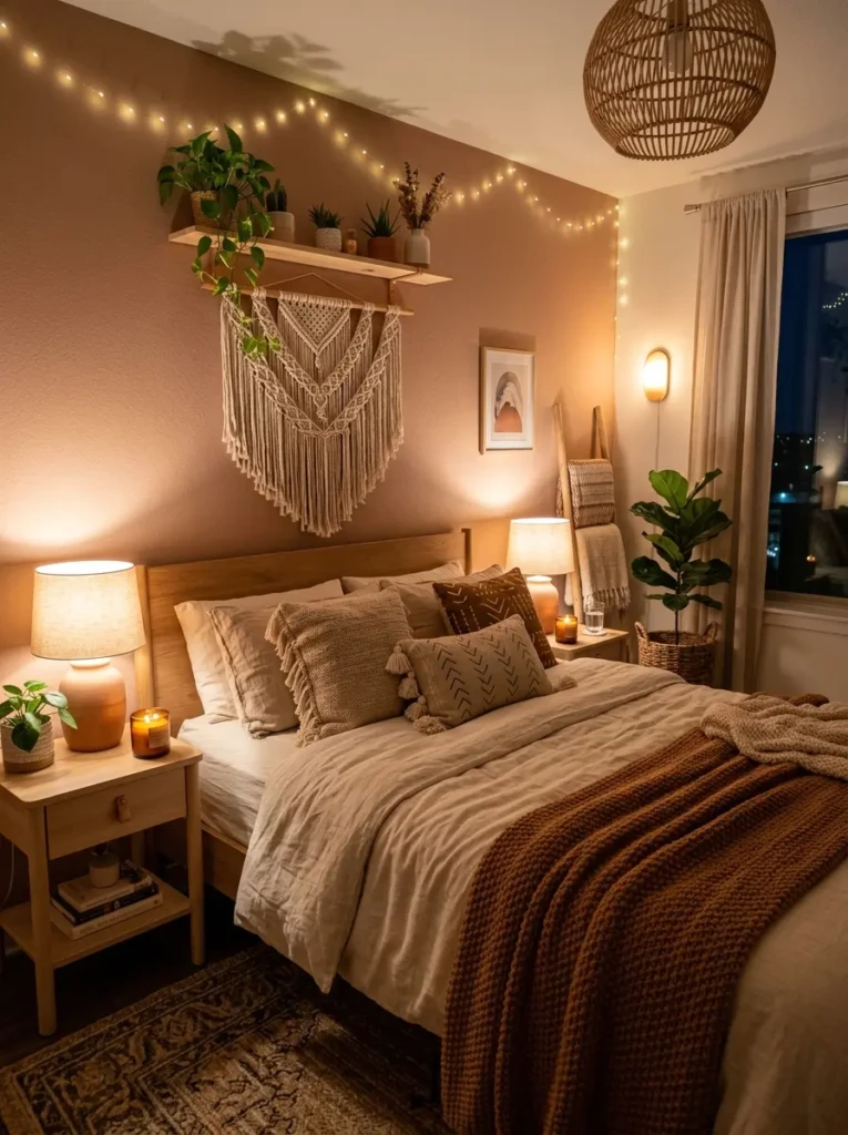 modern boho bedroom with bedside lamps, fairy lights, candles, and cozy nighttime atmosphere