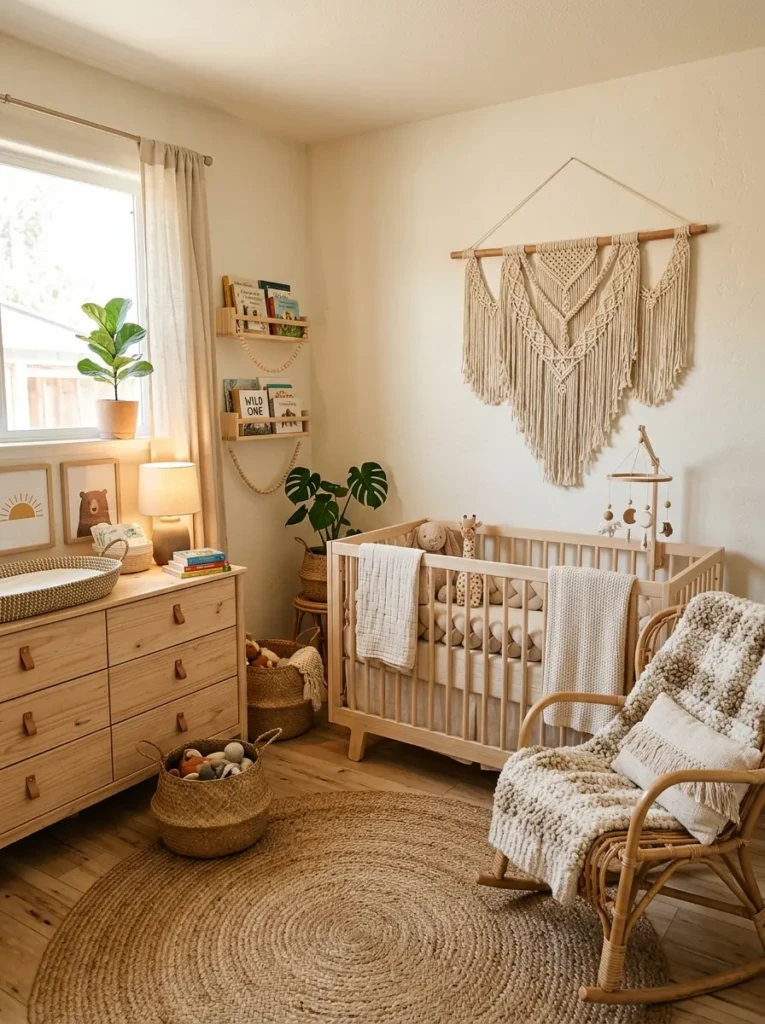 Nursery featuring macrame wall hanging with neutral tones and cozy bohemian style.