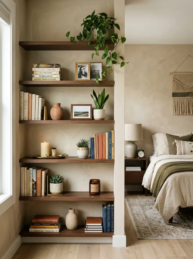 decorative book shelves in bedroom with plants candles and photos