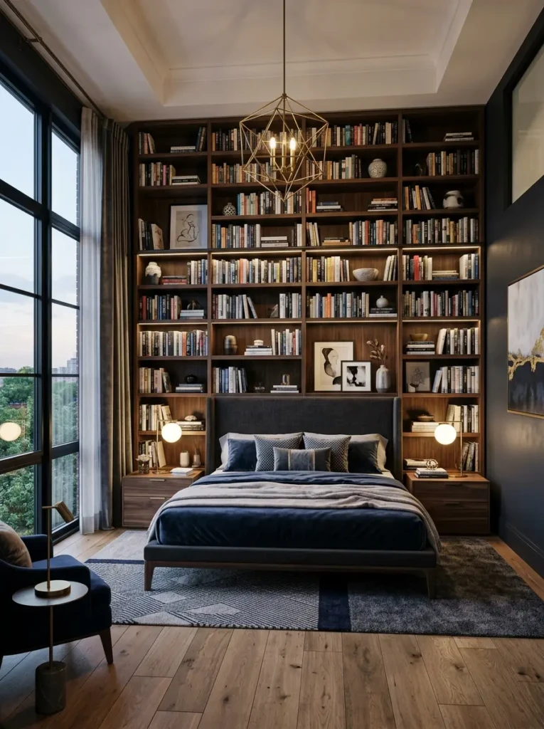 large bookshelves in bedroom acting as focal point behind bed