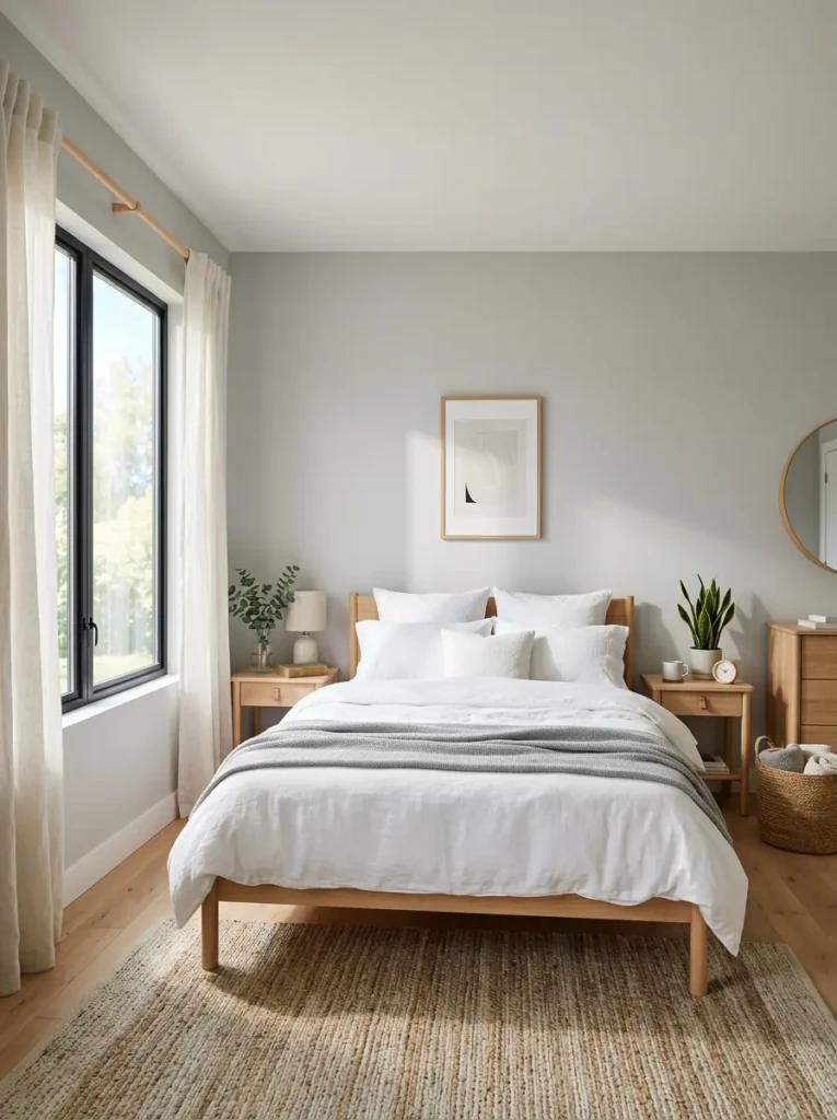 A bright light grey bedroom with white bedding, wooden furniture, and soft natural lighting