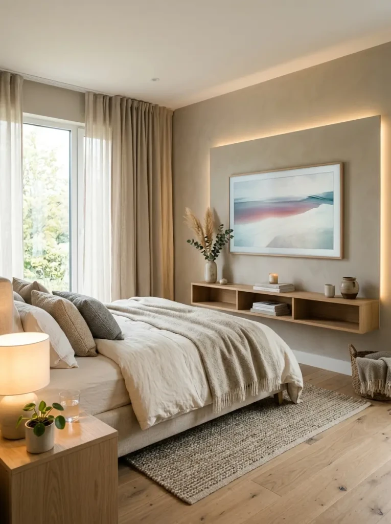 Relaxing bedroom with a wall-mounted TV and subtle media wall shelving in soft neutral tones