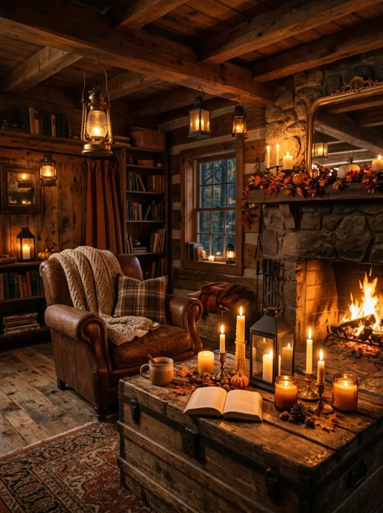 Rustic interior with candles and lanterns creating warm, soft lighting for a cozy fall atmosphere
