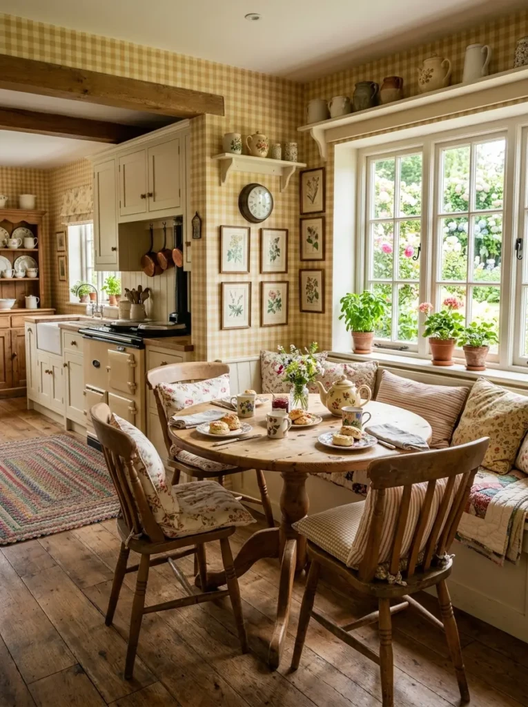 Farmhouse kitchen breakfast nook with gingham wallpaper, wooden chairs, and warm inviting décor