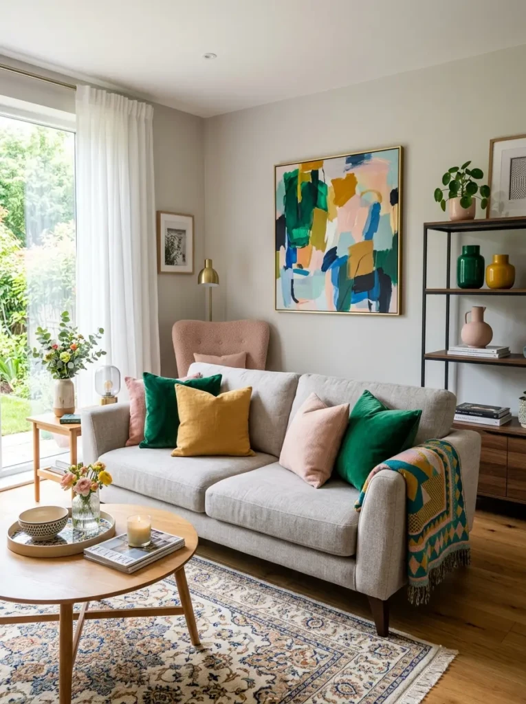 Colourful living room decor with vibrant cushions, bold wall art, and neutral sofa for a polished look