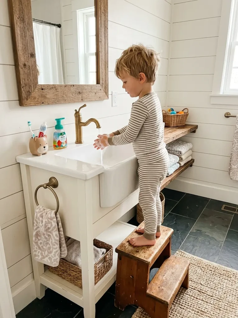 child using farmhouse bathroom with step stool and organized accessible layout