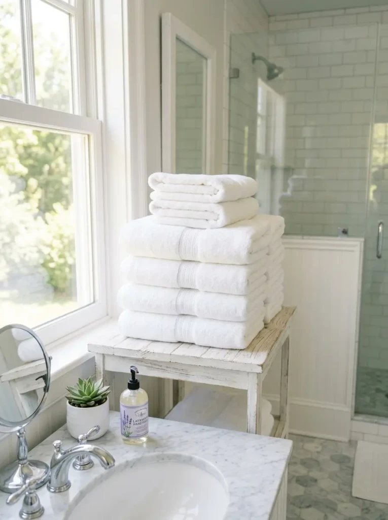 crisp white towels stacked neatly in a bright and hygienic bathroom