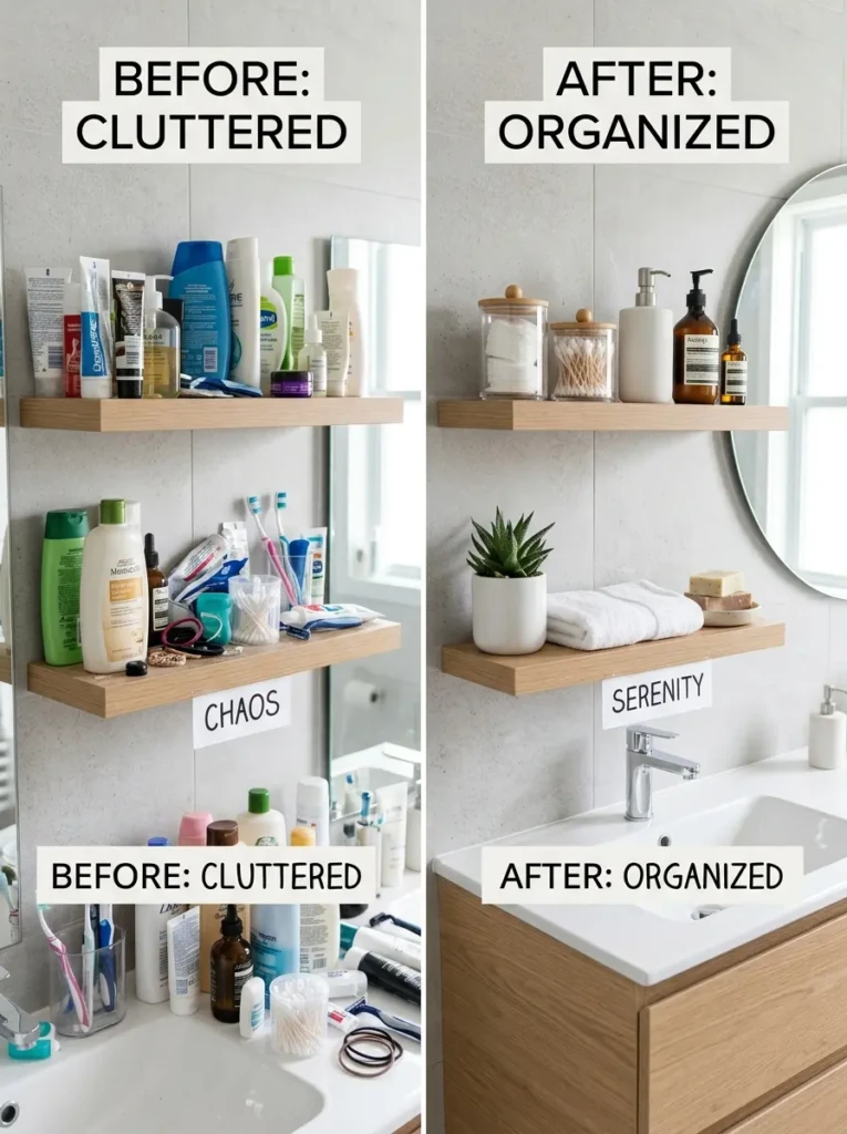 Side-by-side comparison of a messy bathroom shelf and a clean, beautifully styled organized shelf