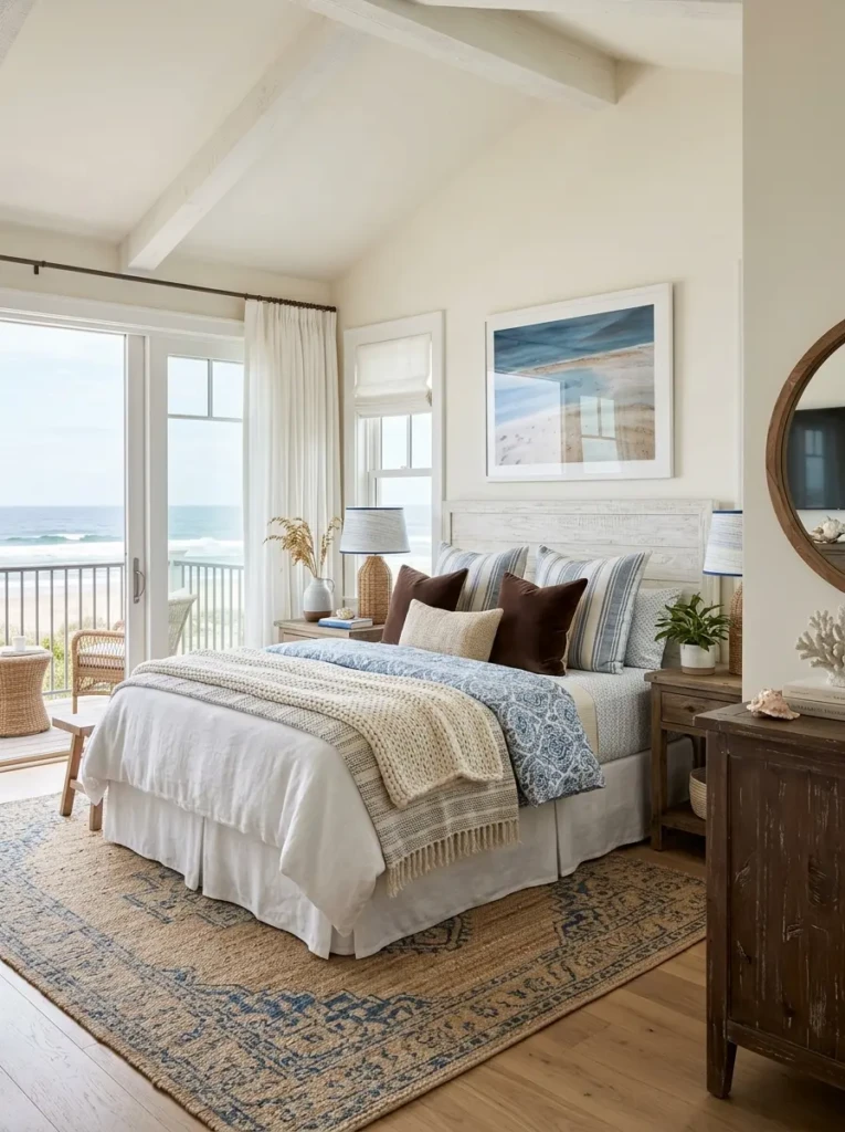 beach bedroom with subtle chocolate brown accents blended with neutral coastal colors
