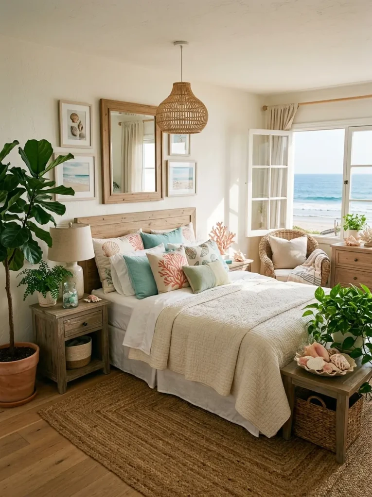 coastal bedroom with indoor plants, seashell decor, and natural sunlight creating fresh atmosphere