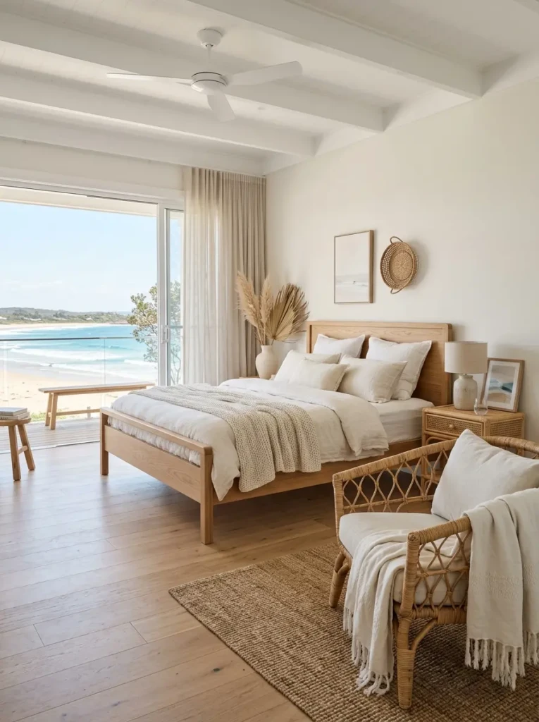 beach bedroom with rattan and light wood furniture creating an open airy coastal interior