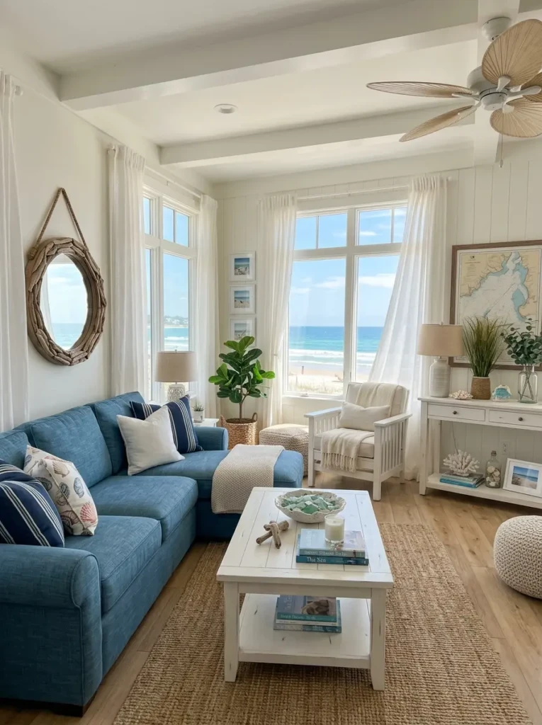 Coastal-style living room with a blue sofa, white furniture, and beach-inspired décor