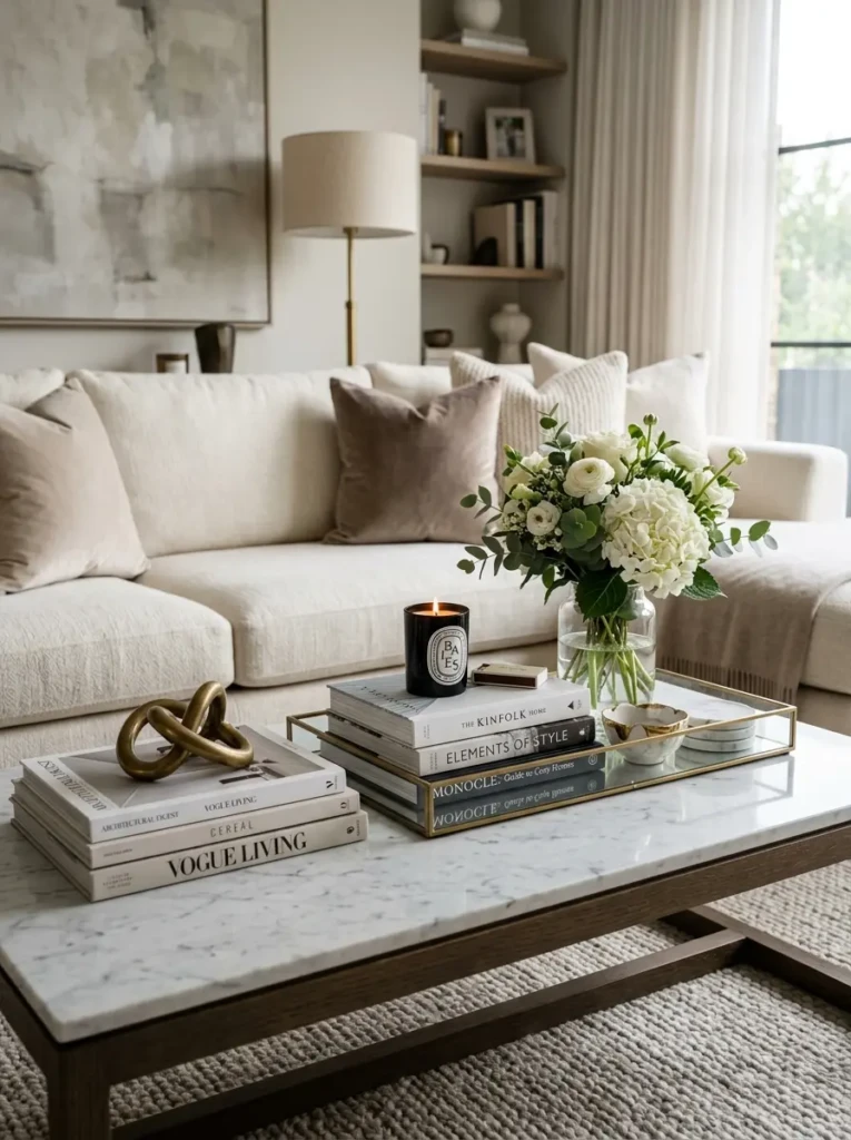 modern elegant living room coffee table with books, tray, candles, and floral arrangement