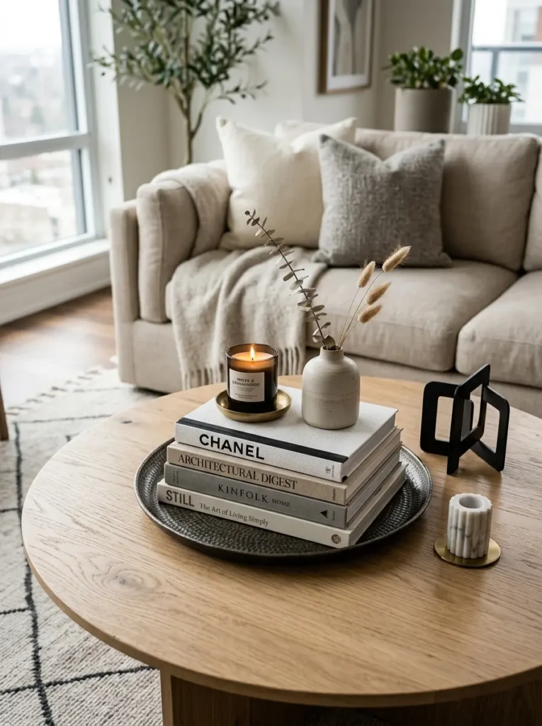 Elegant coffee table with stacked books, candle, decorative tray, and ceramic vase.