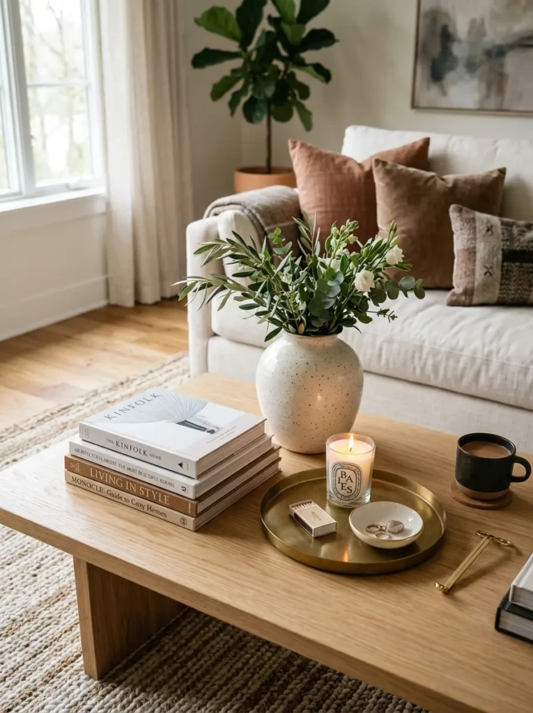Styled coffee table with stacked books, candle, tray, and greenery in a sophisticated living room setting