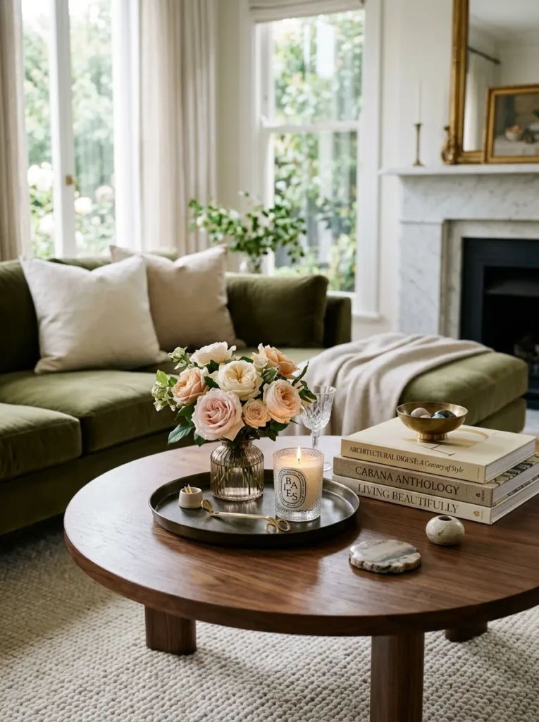Coffee table styled with candles, books, decorative tray, and a small vase of roses