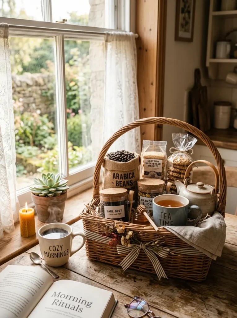 A gift basket featuring coffee beans, tea jars, mugs, and biscuits in a warm cozy setting