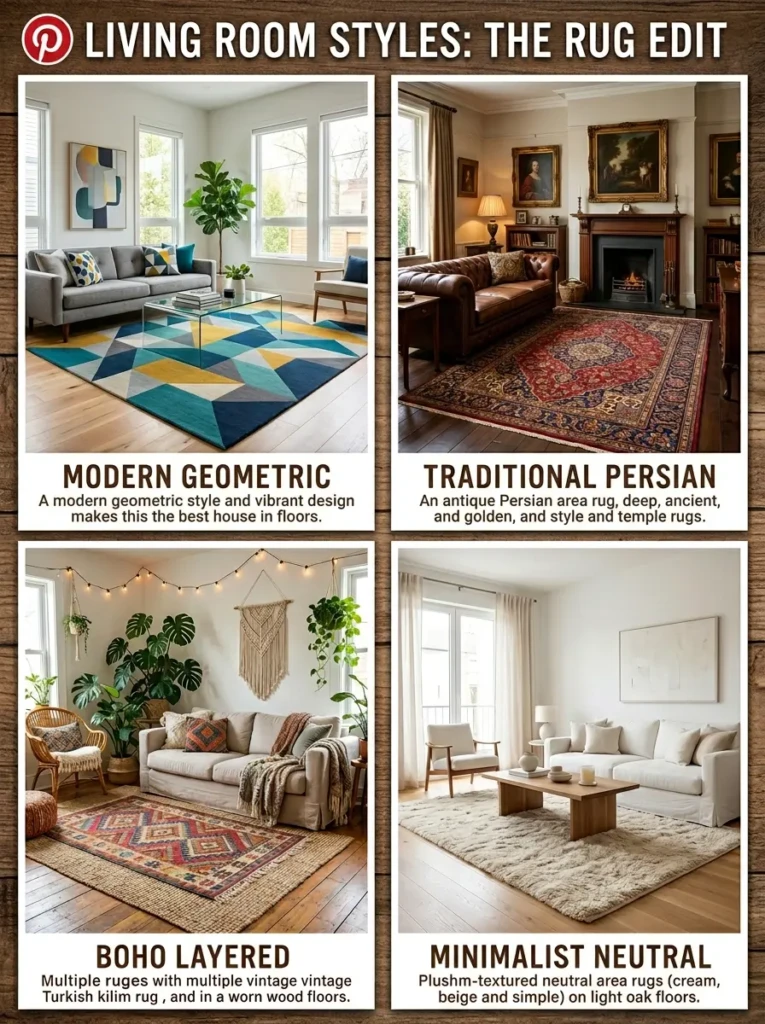 Collection of living rooms featuring modern, traditional, and boho rug styles