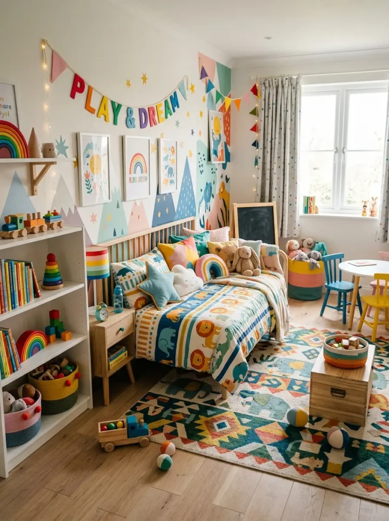 Colorful kids bedroom featuring a playful daybed with bright bedding and cheerful decor
