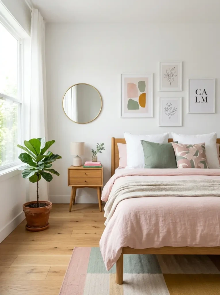 colorful minimalist bedroom with white walls, blush pink bedding, sage green cushions, and modern clean furniture
