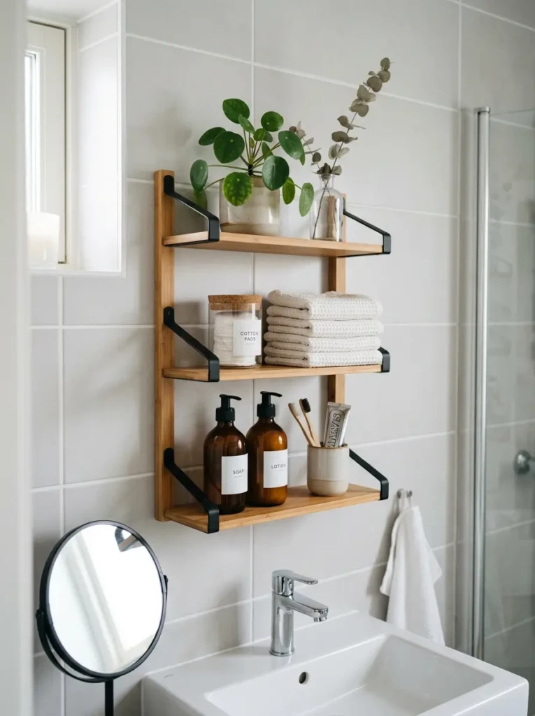 Compact bathroom shelf styled with minimal decor and efficient storage solutions