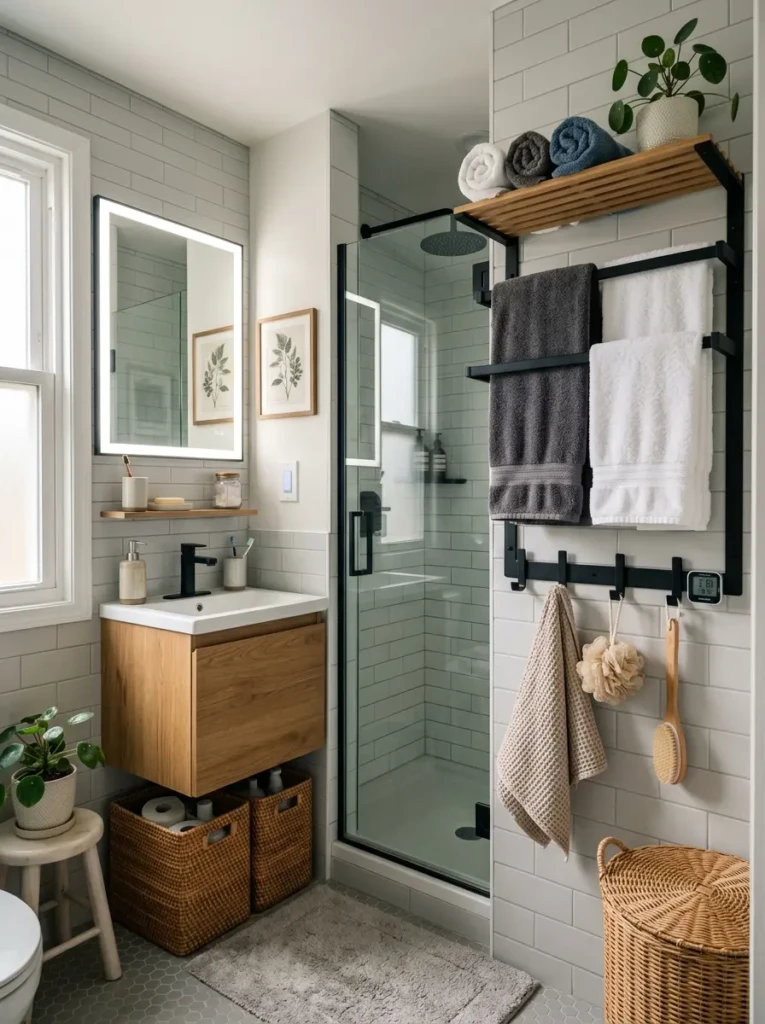 compact bathroom with smart towel racks and hooks for space saving