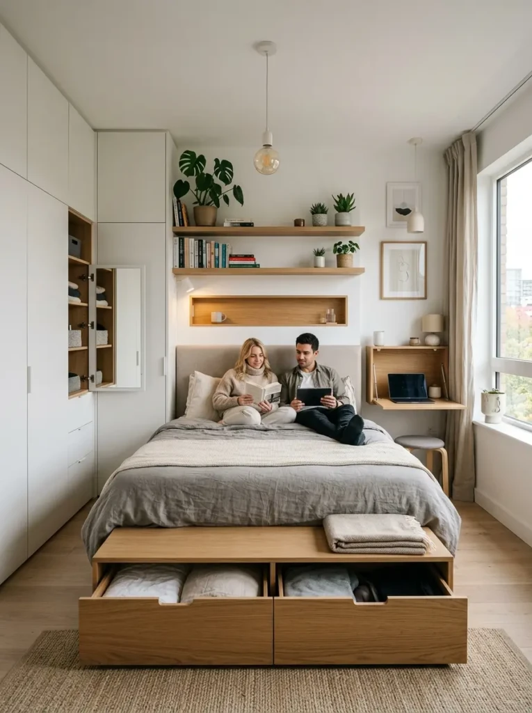 Small bedroom featuring storage bed and space-saving furniture for couples