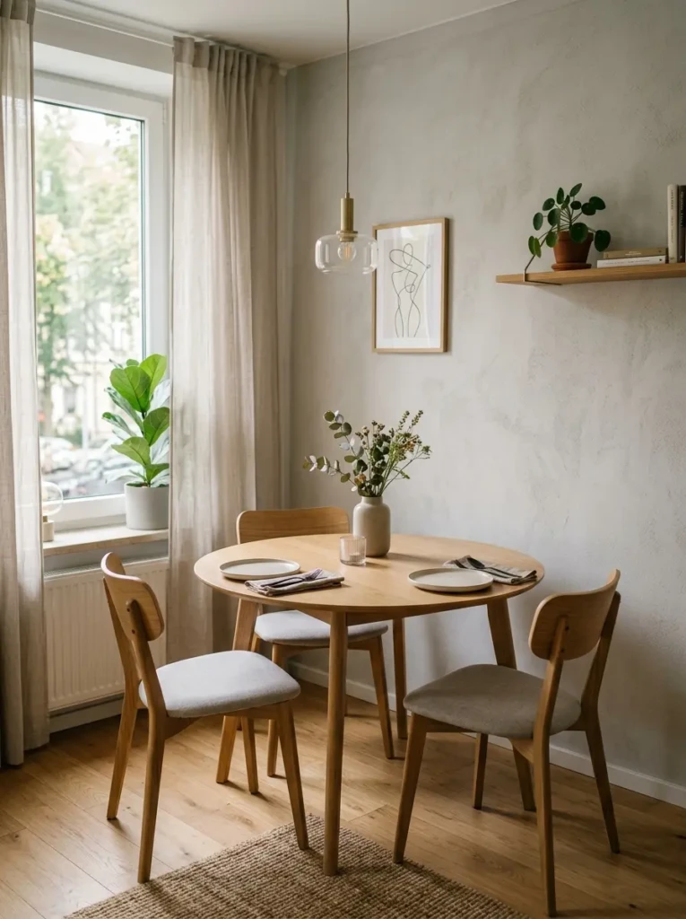 A small round dining table in a cozy nook with minimal decor and efficient space usage.