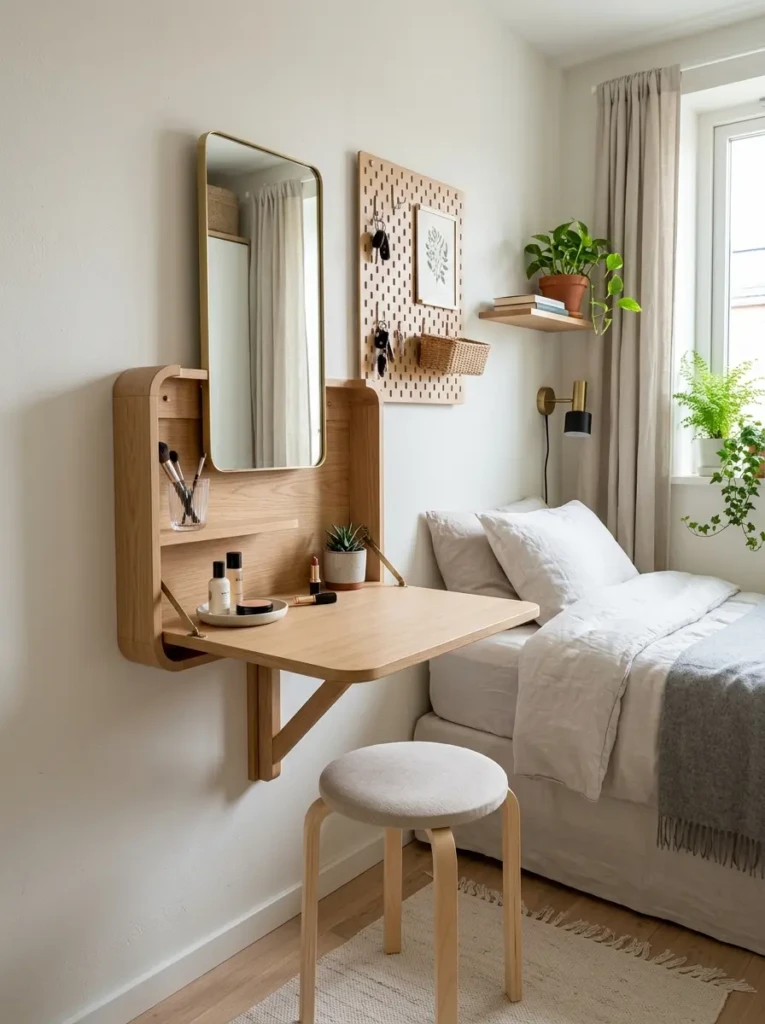 Compact vanity setup designed for small bedrooms with space-saving furniture