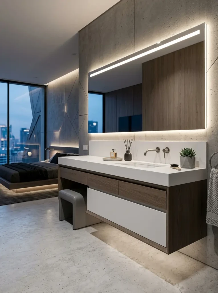 Sleek floating vanity with LED lighting and minimalist contemporary design