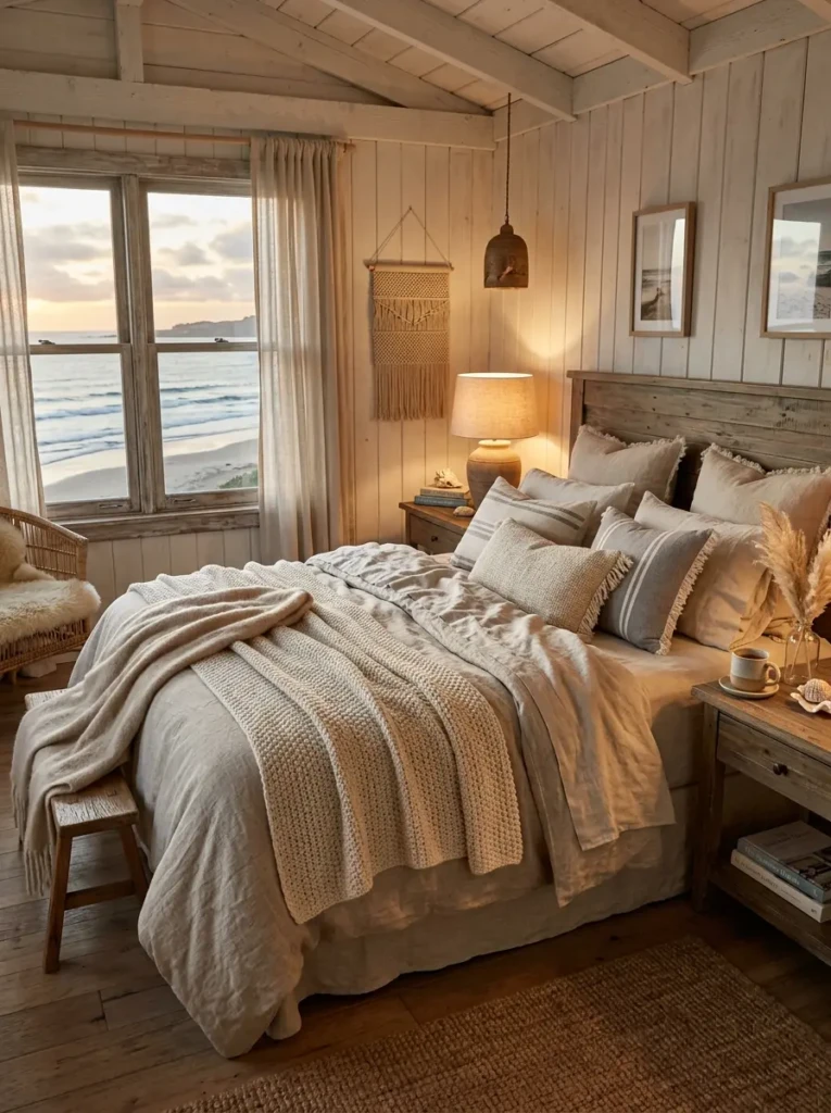 comfy cozy bedroom ideas with soft linen bedding, fluffy pillows, and warm relaxing coastal decor