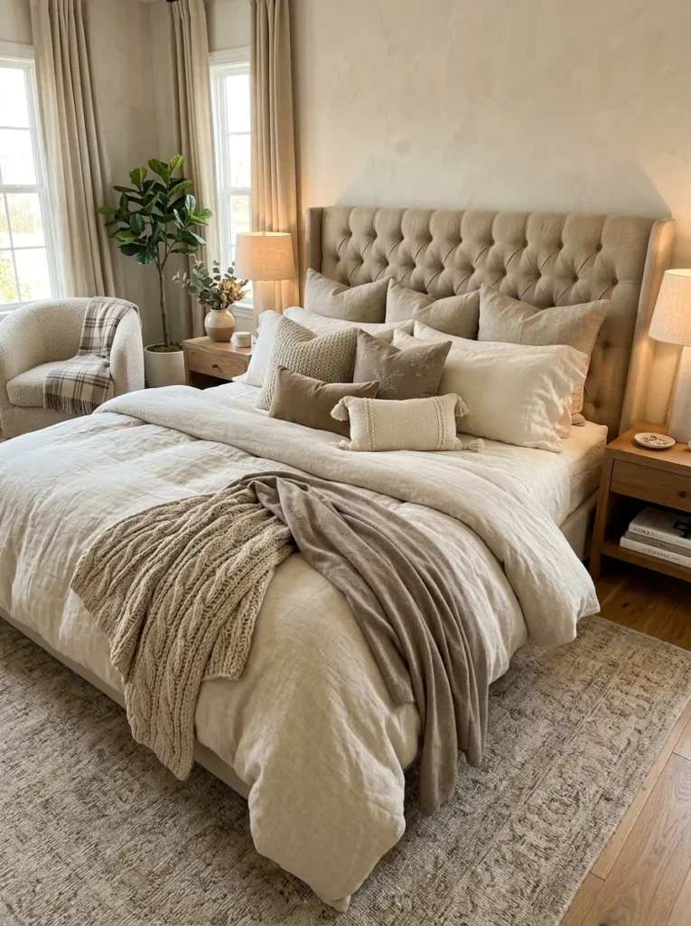 cozy bedroom with oversized duvet, layered pillows, textured throw, and plush headboard