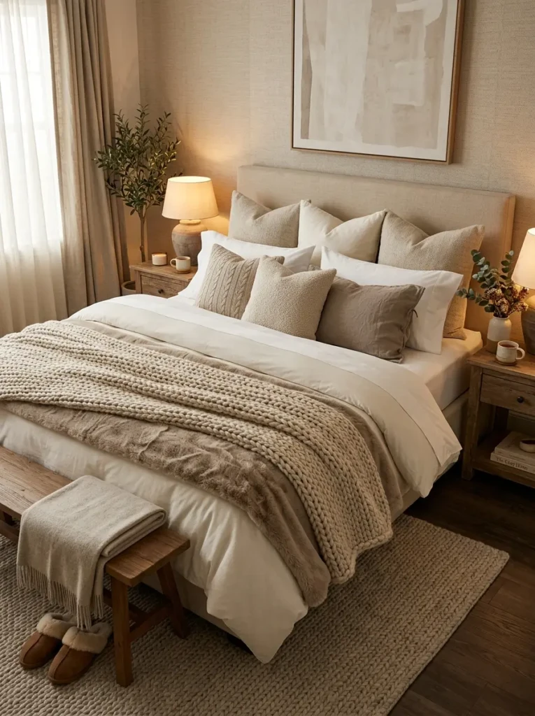 Warm bedroom bed styled with fluffy pillows and layered blankets in neutral tones for maximum comfort
