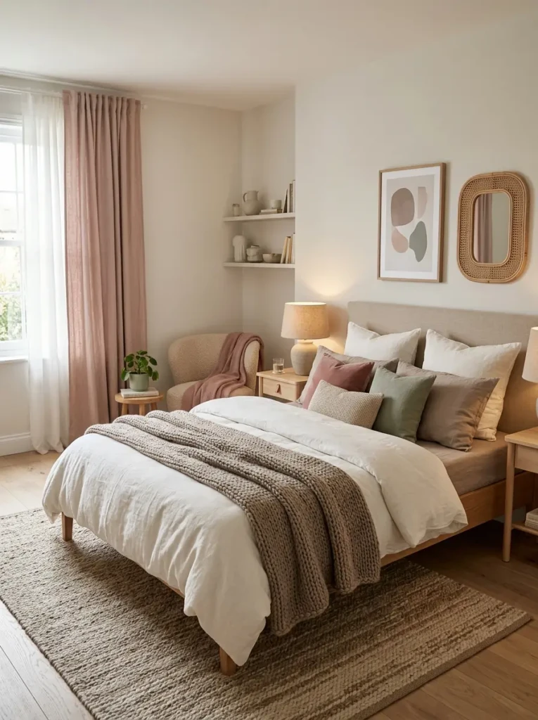 cozy bedroom aesthetic with beige, taupe, sage green, and dusty rose soft decor styling
