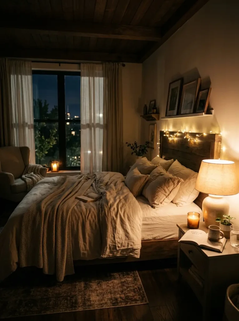 cozy bedroom with warm bedside lamps, fairy lights, candles, and soft evening glow