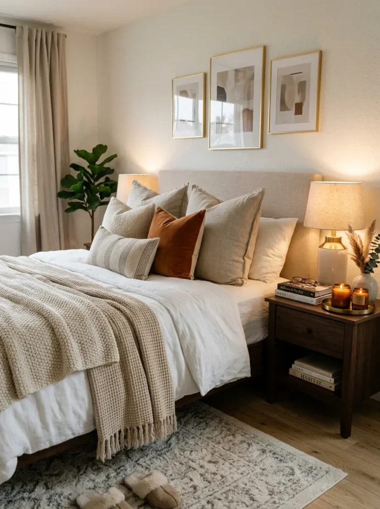 cozy bedroom decor with candles, pillows, ceramic vases, books, and framed abstract wall art