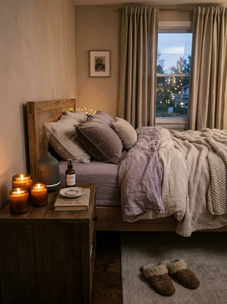 cozy bedroom ideas aesthetic with layered neutral bedding, warm lights, wood accents, rug, and greenery