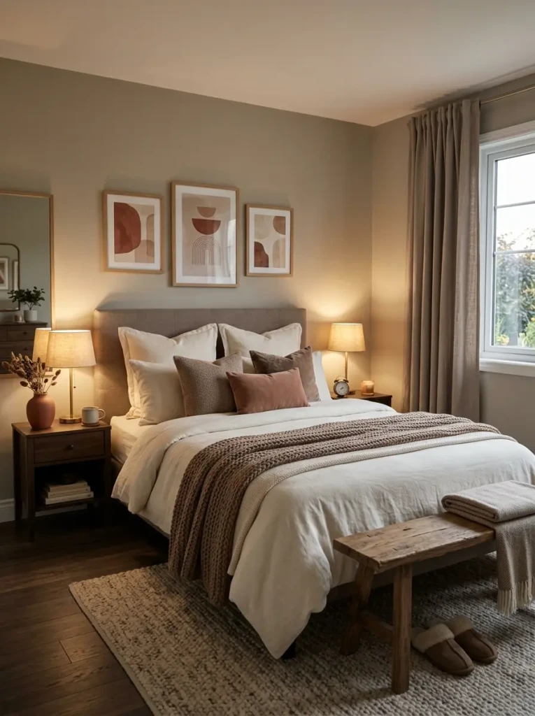 cozy bedroom paint colors featuring warm greige walls, taupe curtains, and cream bedding