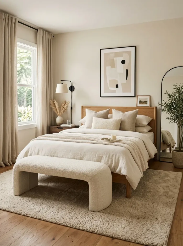 modern cozy bedroom neutral with cream bedding, oak furniture, boucle bench, and beige rug