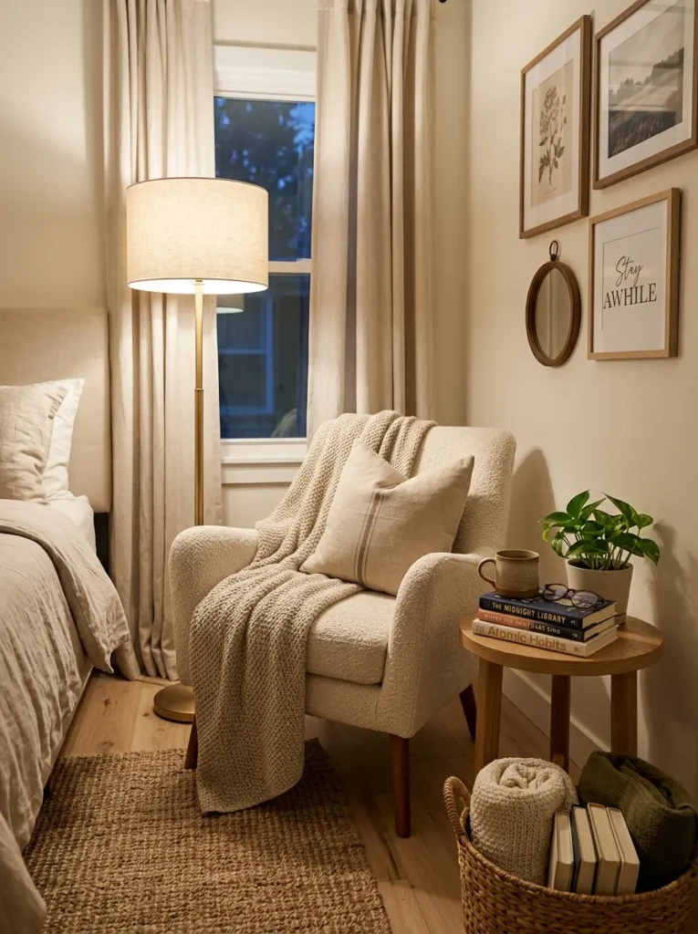 cozy bedroom reading corner with accent chair, soft throw blanket, and warm floor lamp