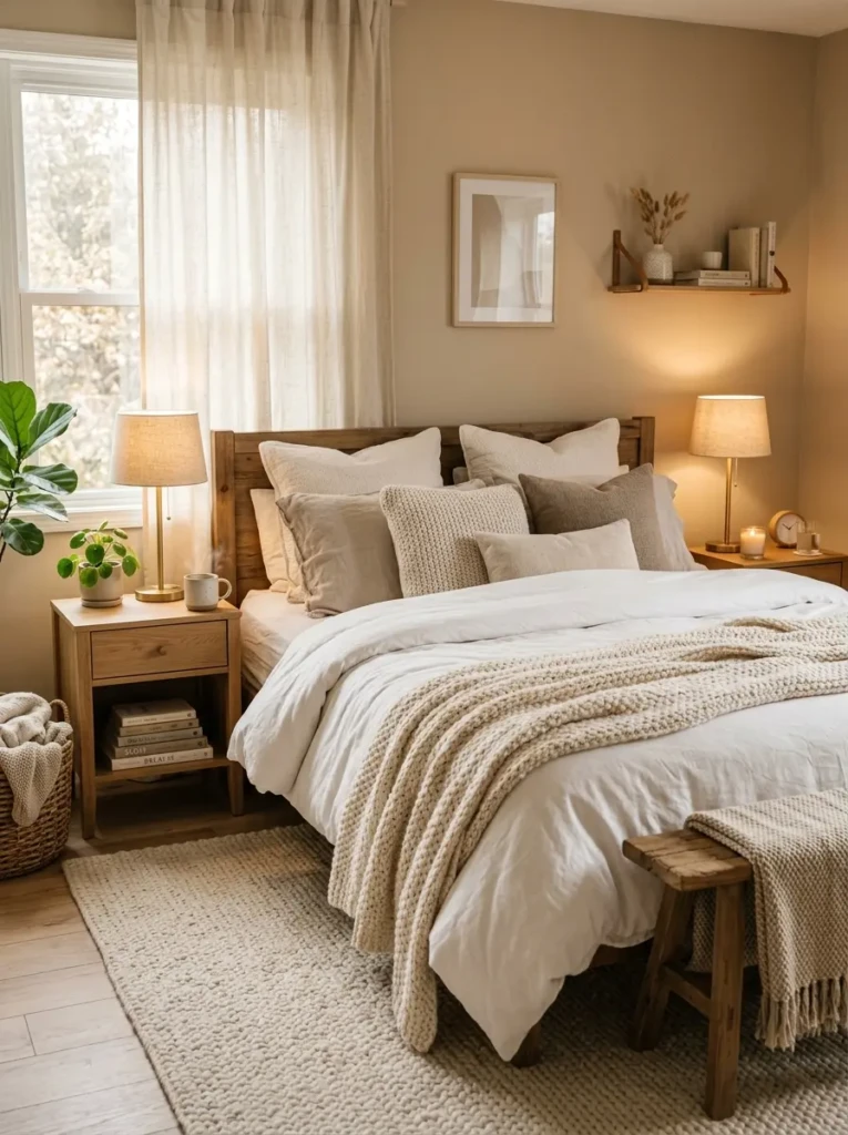 cozy bedroom with layered bedding, knit throw blanket, neutral pillows, warm bedside lamps, and soft cream rug