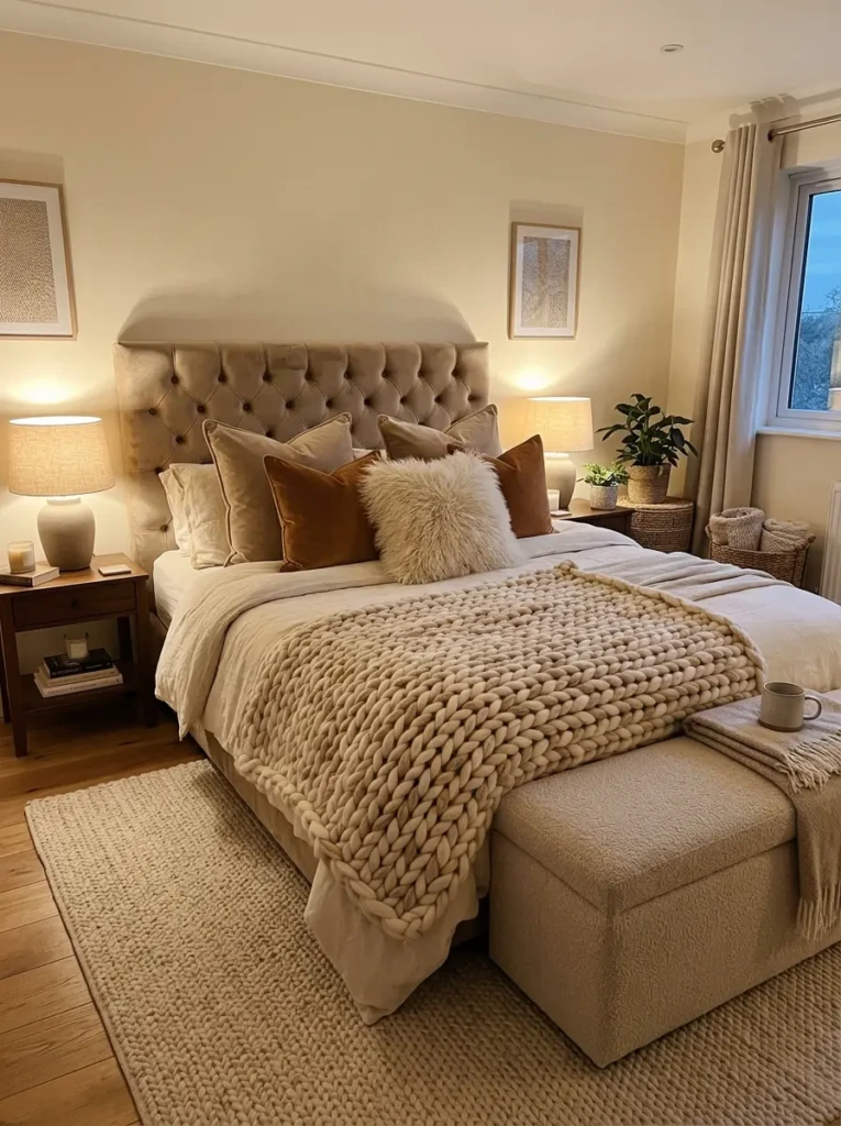 comfy cozy bedroom ideas with velvet cushions, chunky knit blankets, and upholstered headboard