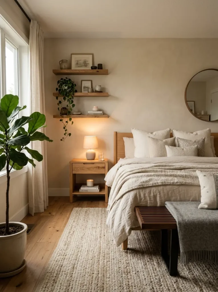 cozy bedroom featuring oak nightstands, walnut bench, cream bedding, and warm neutral decor