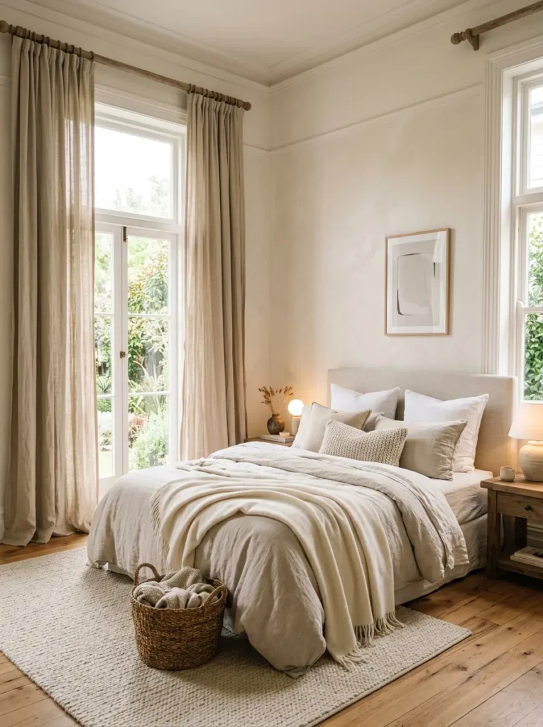 cozy bedroom with long beige linen curtains, tall windows, and soft natural light
