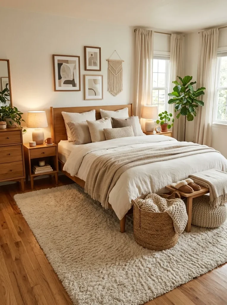 cozy bedroom with large cream rug under bed, layered bedding, and warm bedside lighting