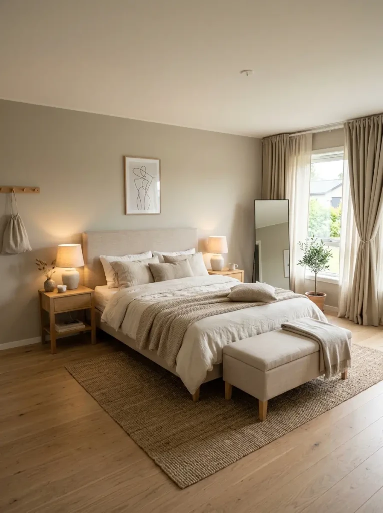 minimalist cozy bedroom with simple furniture, beige bedding, and open airy floor space